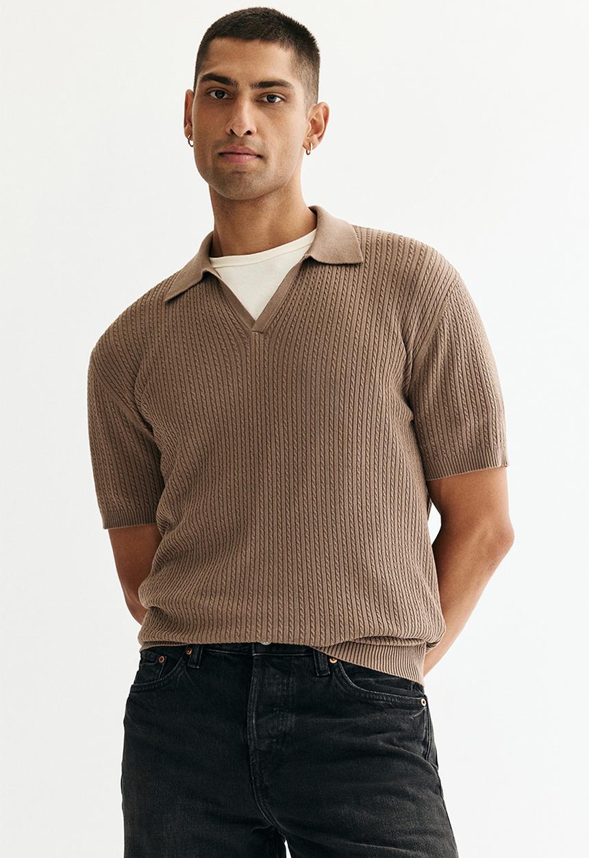 Regular fit cable-knit polo shirt - beige - 1304738002
