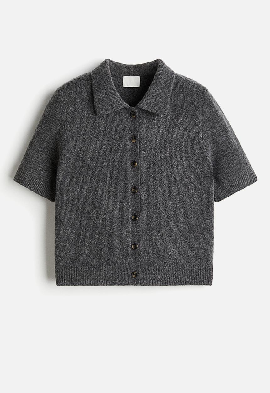 H&M - Short-sleeved collared cardigan - dark grey marl