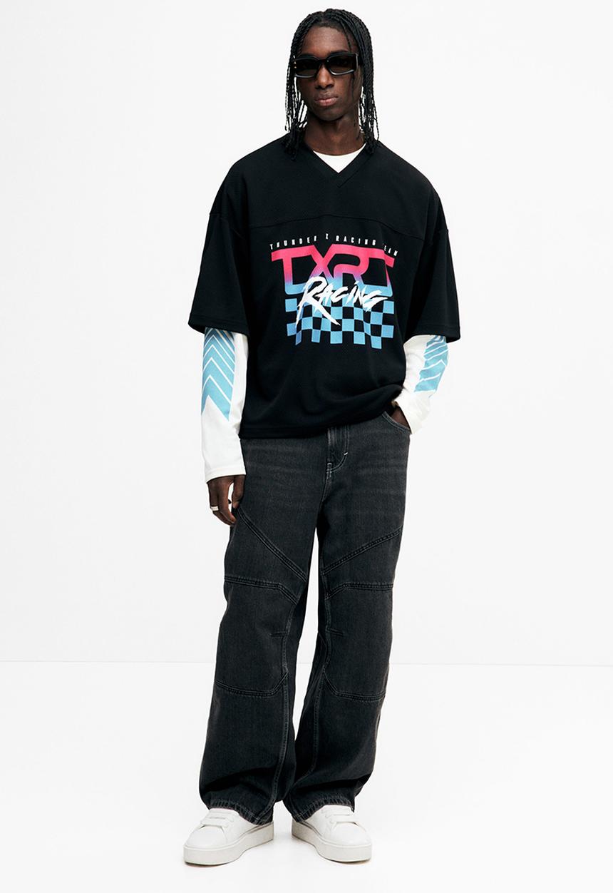 H&M - Oversized fit printed mesh t-shirt - black/txrt
