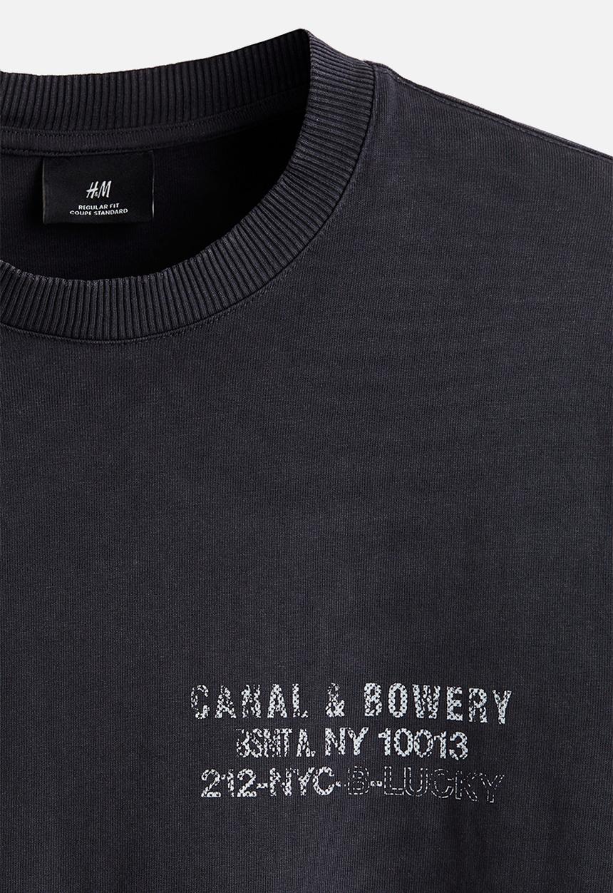 H&M - Regular fit printed cotton t-shirt - dark grey/canal & bowery