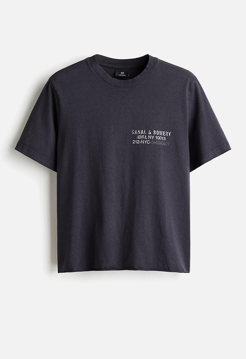 H&M - Regular fit printed cotton t-shirt - dark grey/canal & bowery