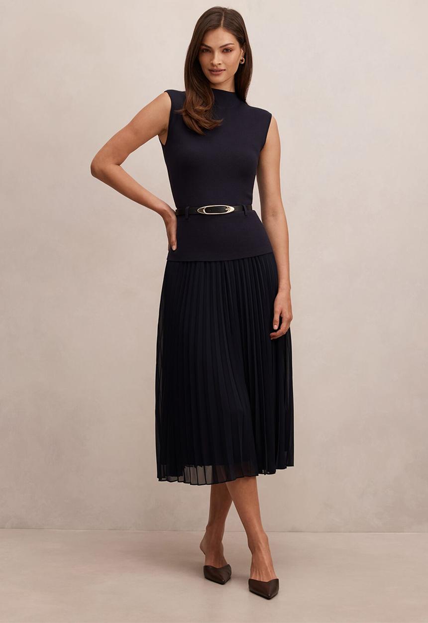 Forever New - Lorelei woven mixed midi dress in navy