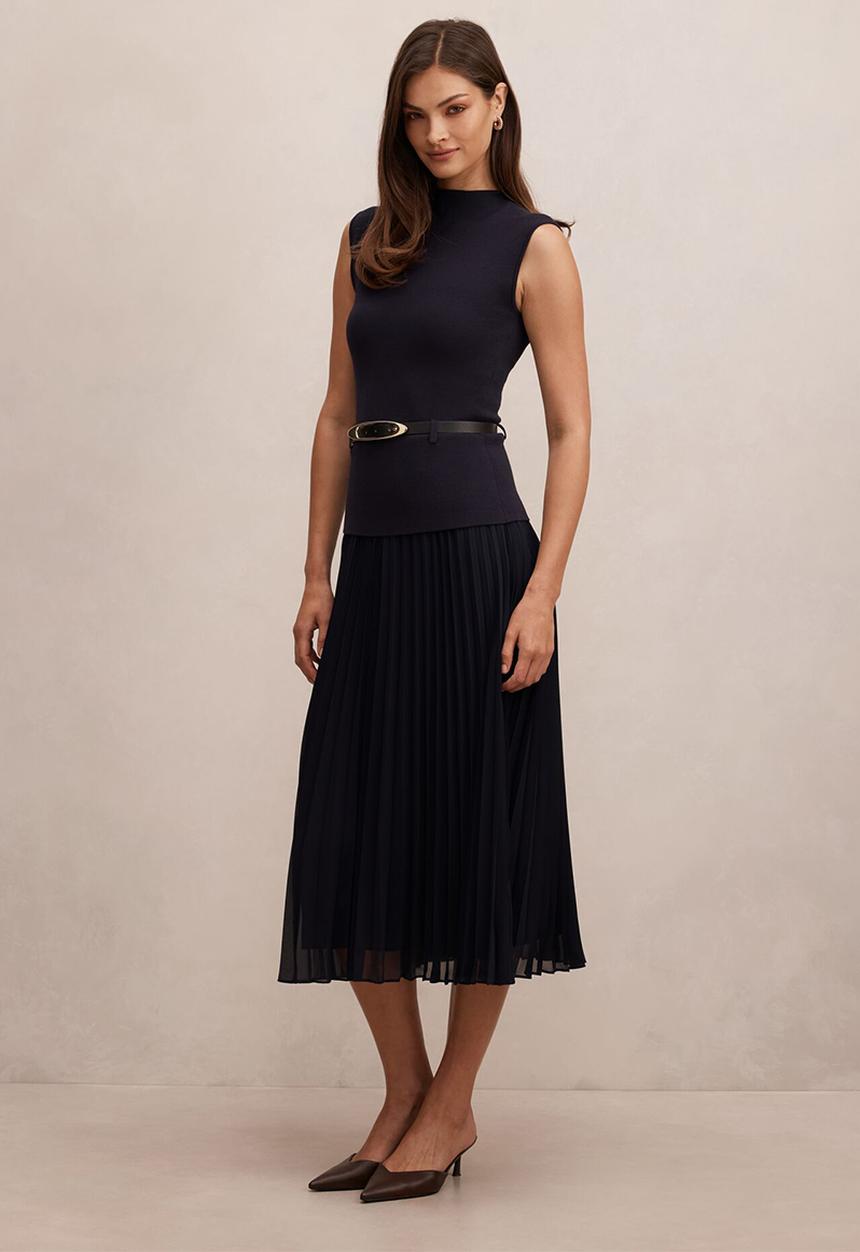 Forever New - Lorelei woven mixed midi dress in navy