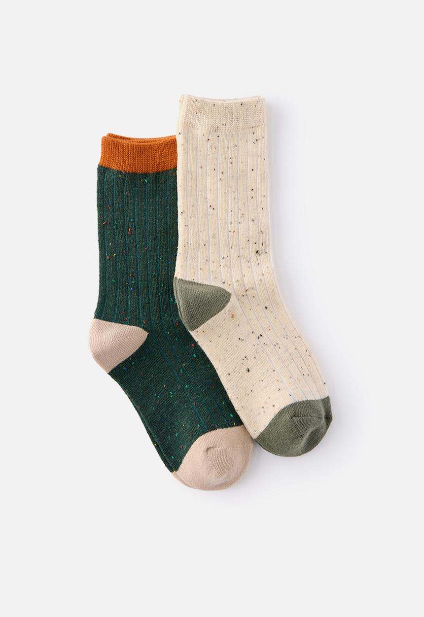 Cotton On - Kids 2Pk Longline Crew Socks - Khaki Green/Rainy Day Speckle