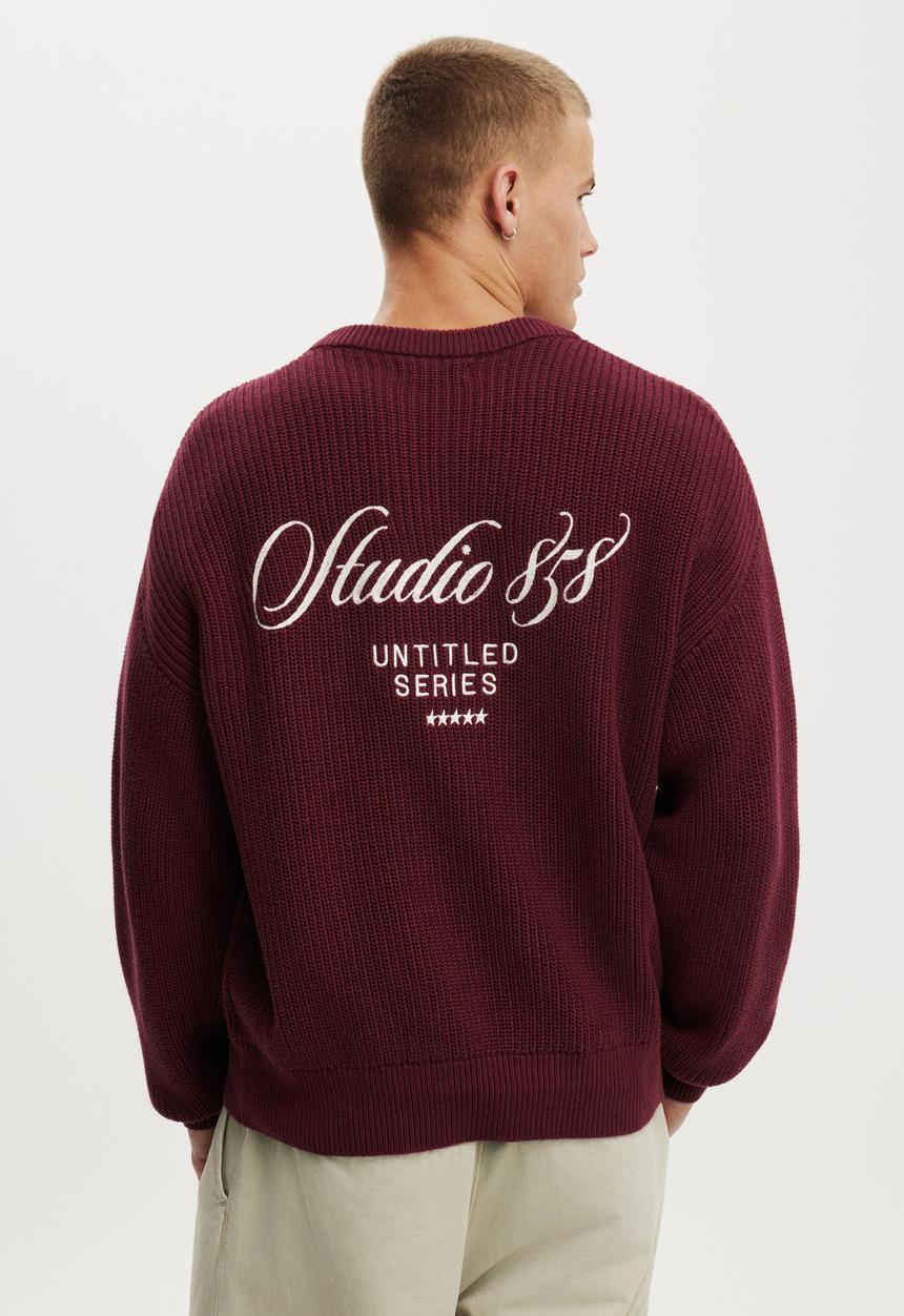 Cotton On - Box Fit Crew Knit - Plum Emb