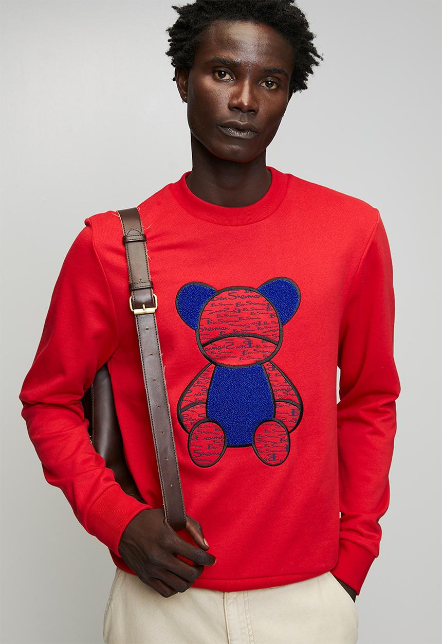 Ben Sherman - Chenille Bear Applique Crew Sweater - Red