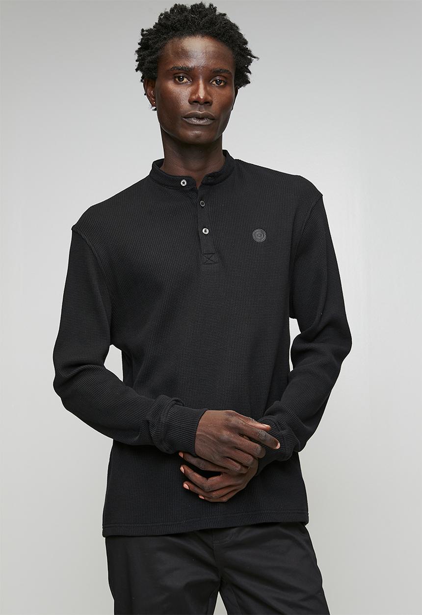 Ben Sherman - Henley Long Sleeve Waffle Knit - Black