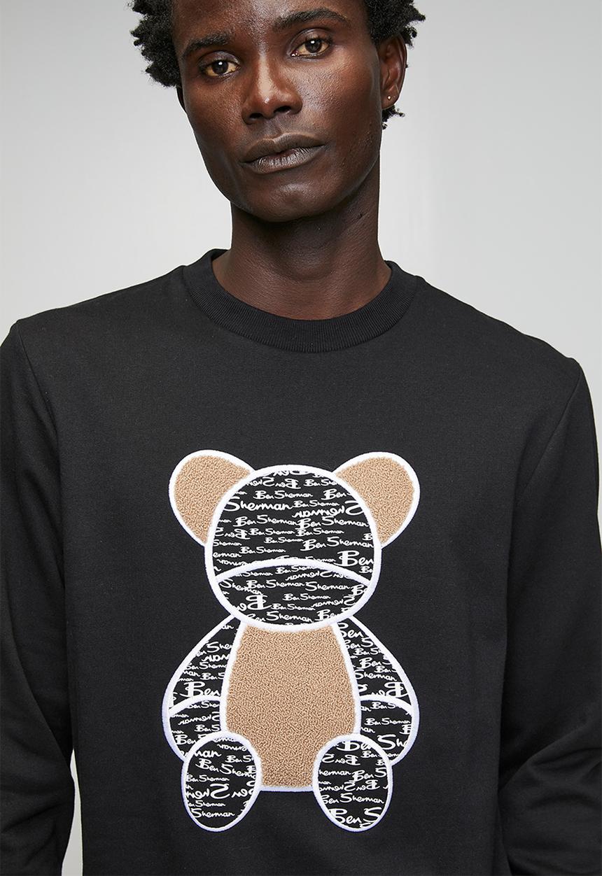 Ben Sherman - Chenille Bear Applique Crew Sweater - Black