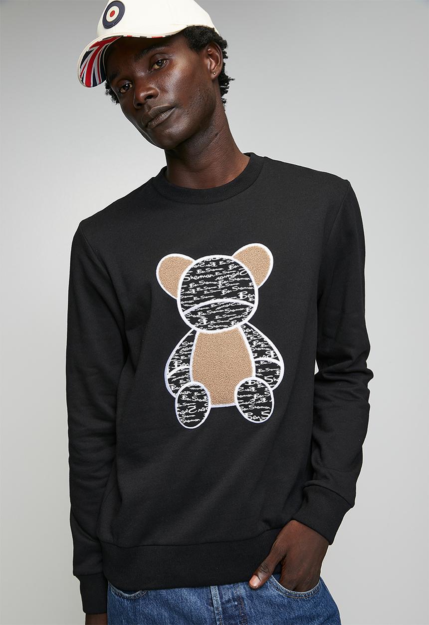 Ben Sherman - Chenille Bear Applique Crew Sweater - Black