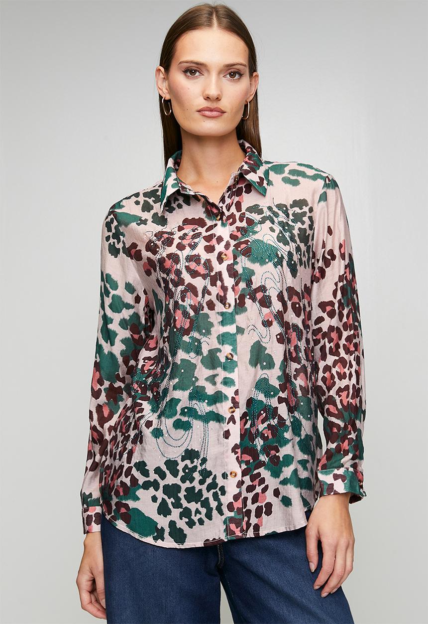 Stella Morgan - Long sleeve  Button Through Sheer Printed Blouse  Teal