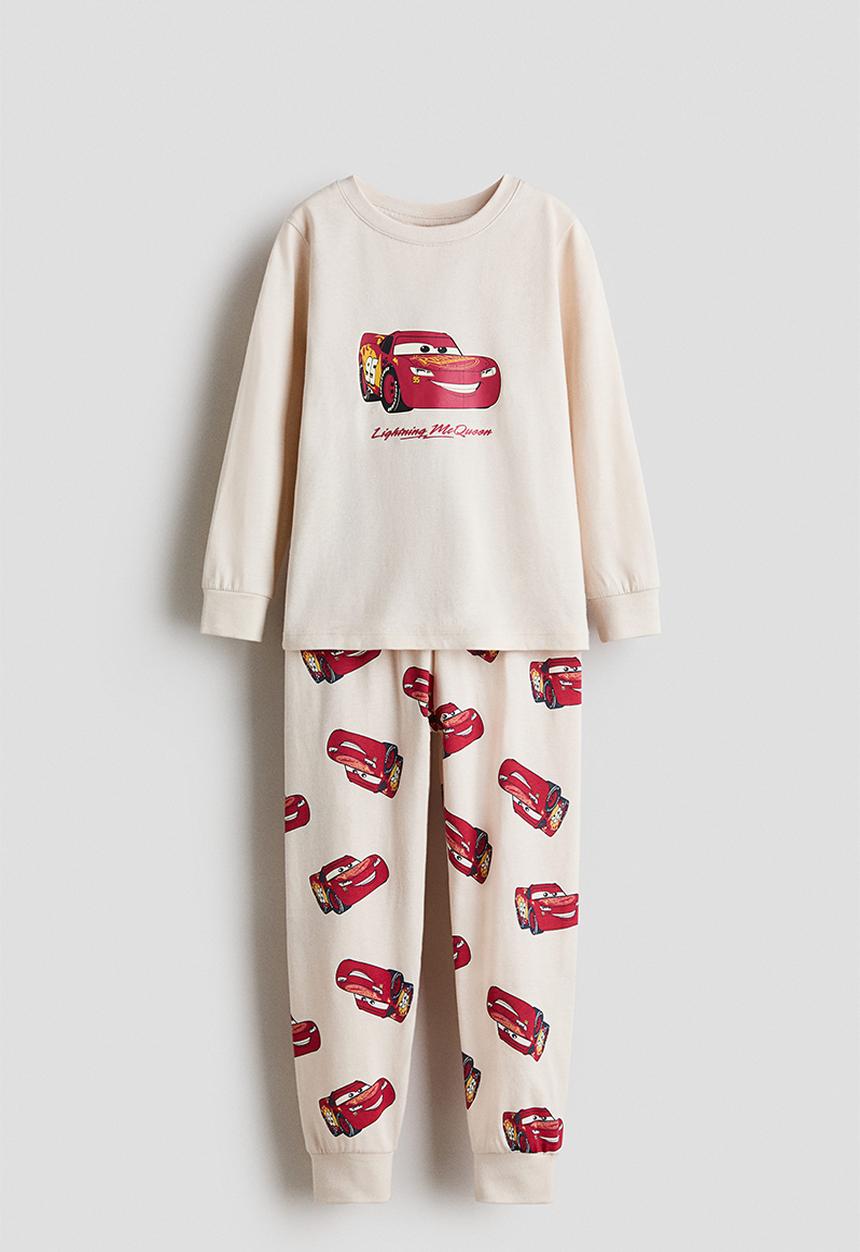 H&M - Printed cotton jersey pyjamas - light beige/cars