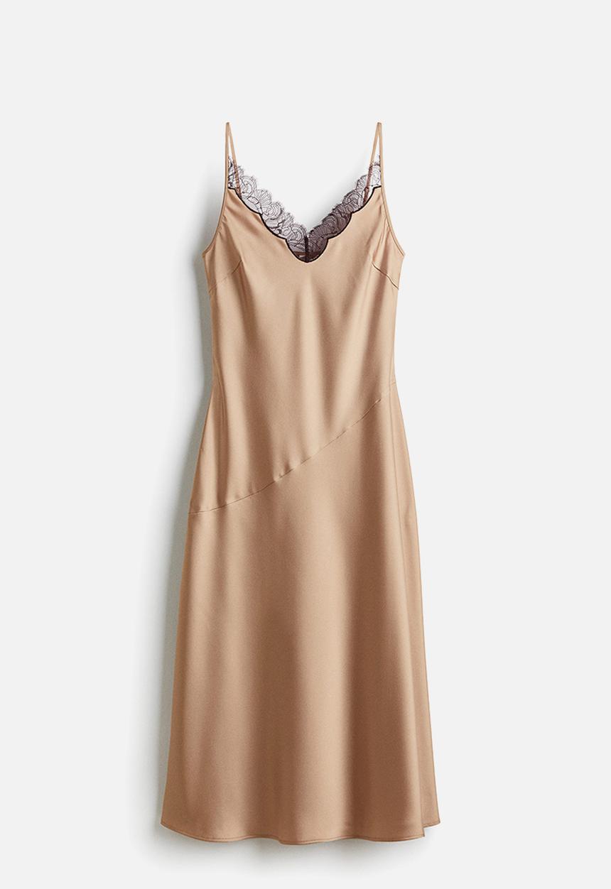 H&M - Lace-trimmed satin dress - beige
