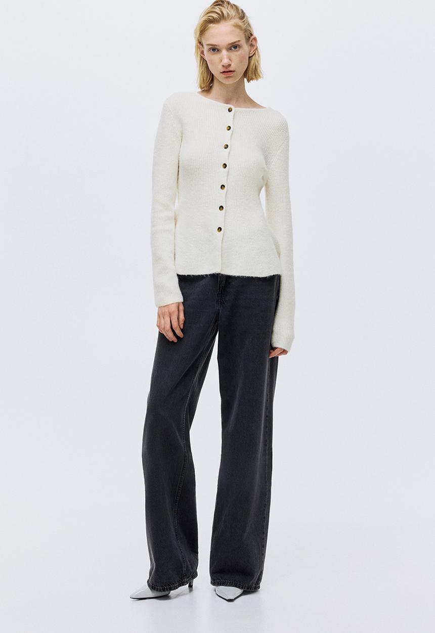 Rib-knit peplum cardigan - cream - 1310801001