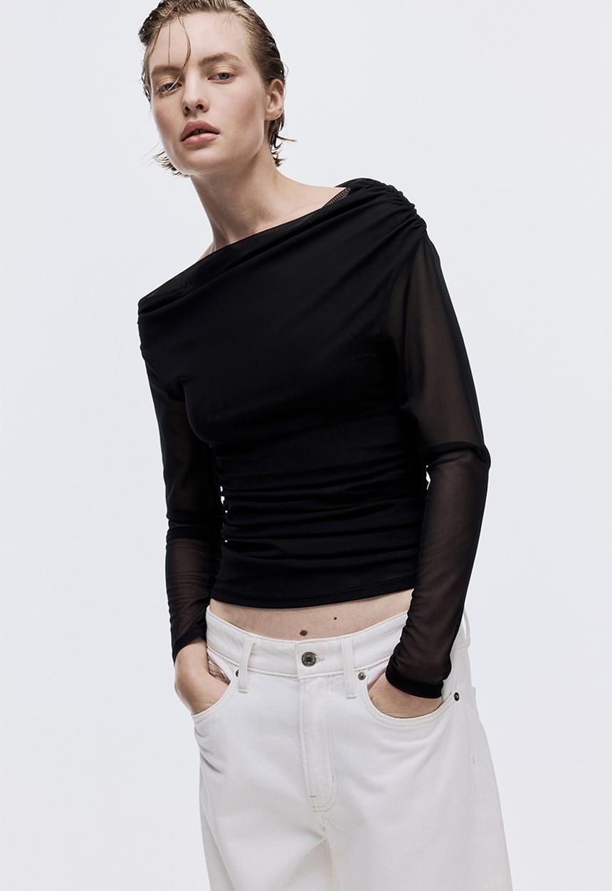 H&M - One-shoulder mesh top - black