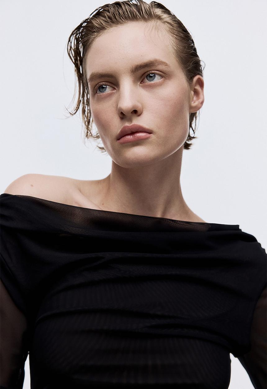 H&M - One-shoulder mesh top - black
