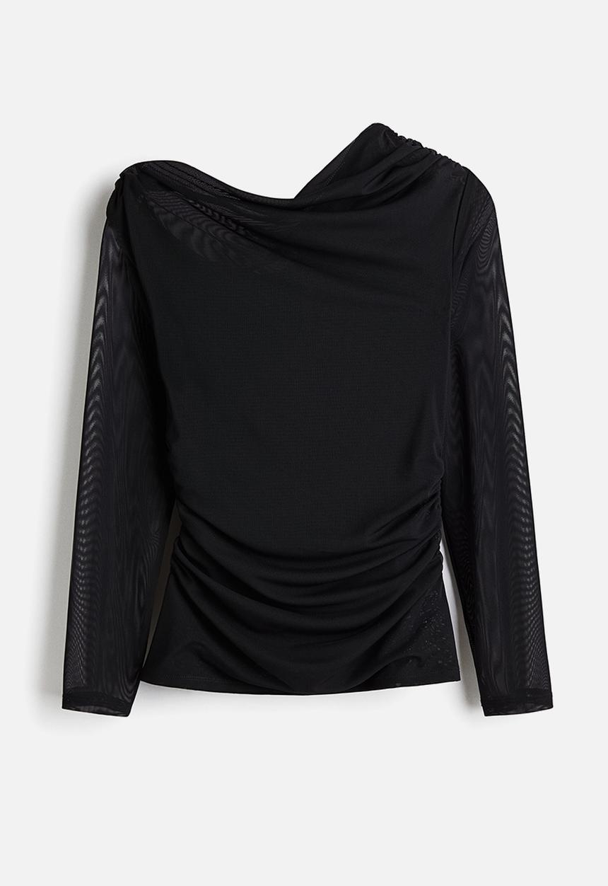 H&M - One-shoulder mesh top - black