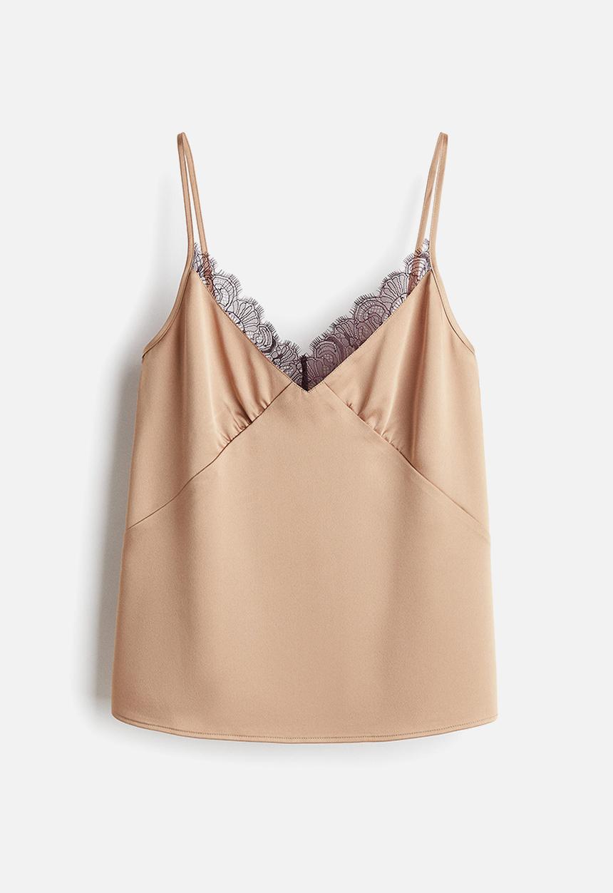 H&M - Lace-trimmed satin strappy top - beige