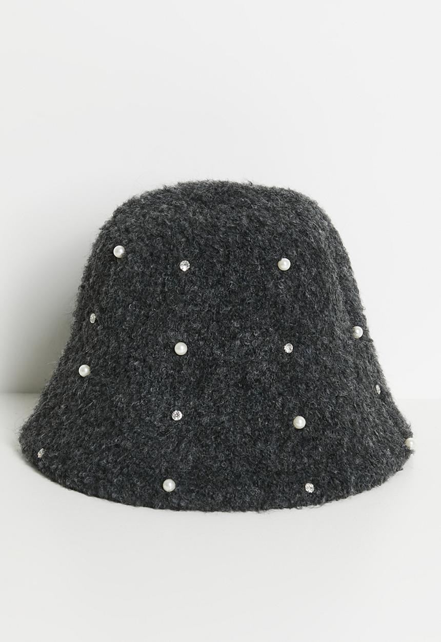 Tessa Design - Charmaine Pearl Diamante Fluffy Bucket Hat - Charcoal