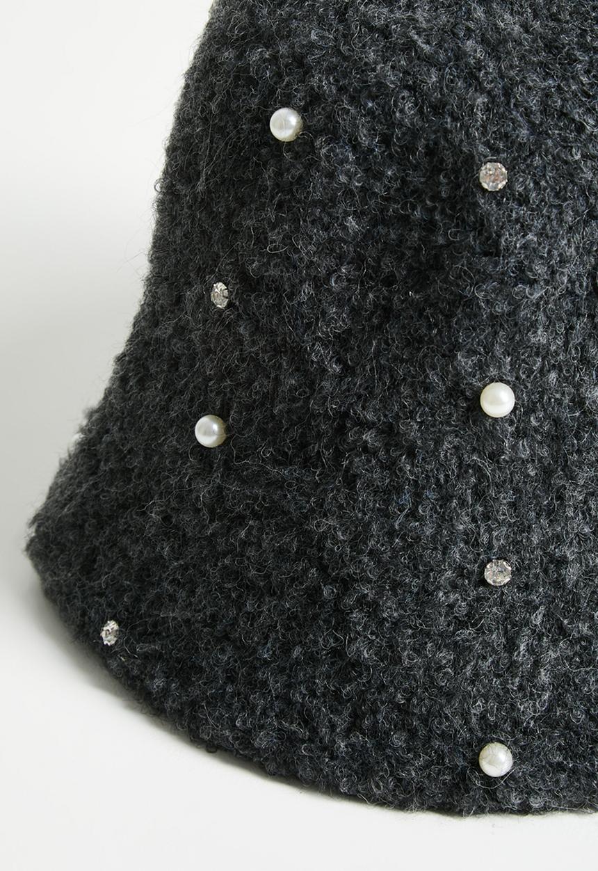 Tessa Design - Charmaine Pearl Diamante Fluffy Bucket Hat - Charcoal