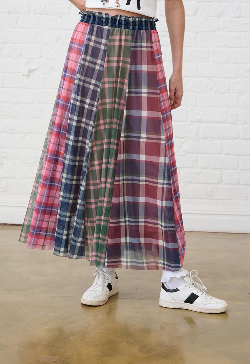 Me&B - Panelled Lined Mesh Check Skirt - Multi