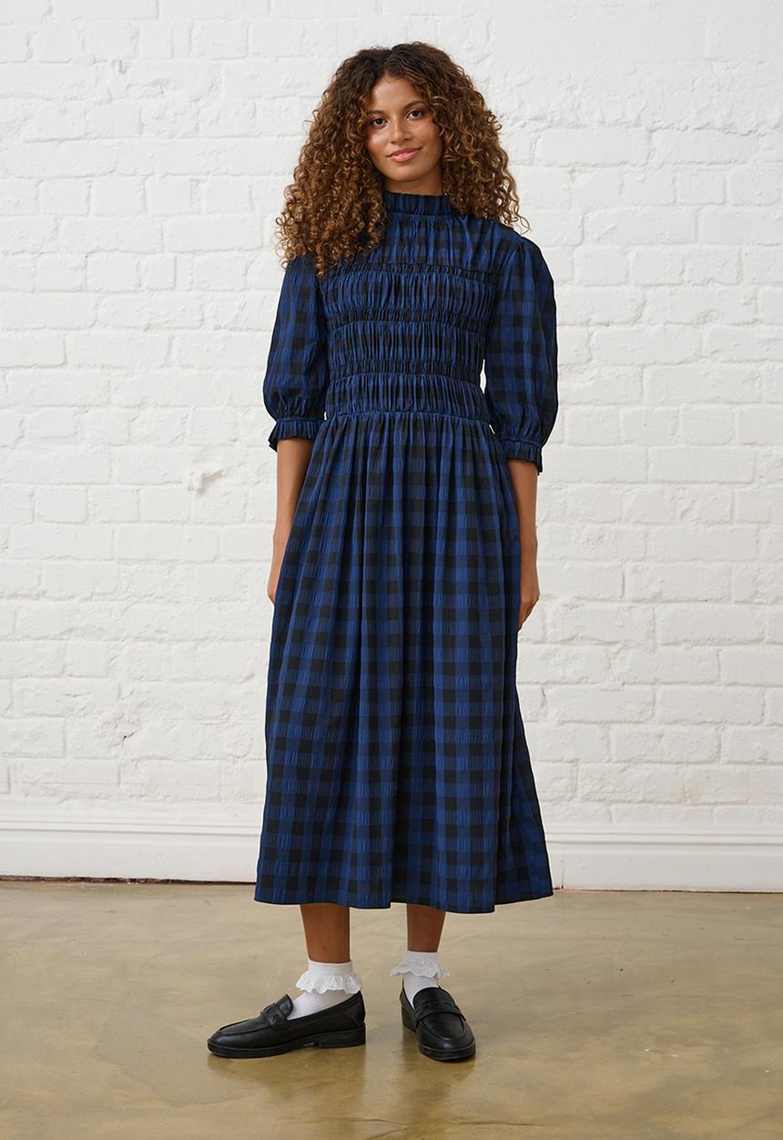 Me&B - Gingham Shirred Midi Dress - Navy/Black
