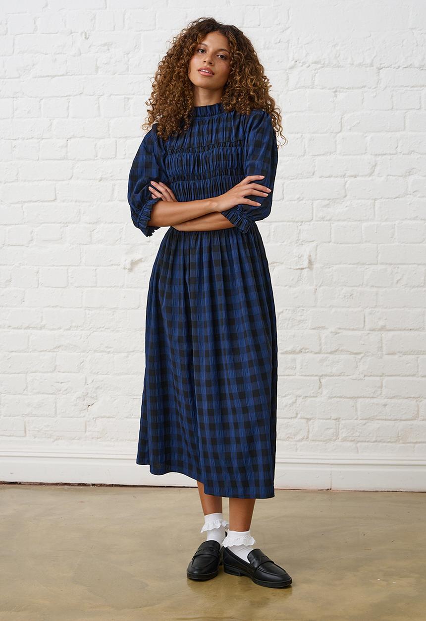 Me&B - Gingham Shirred Midi Dress - Navy/Black