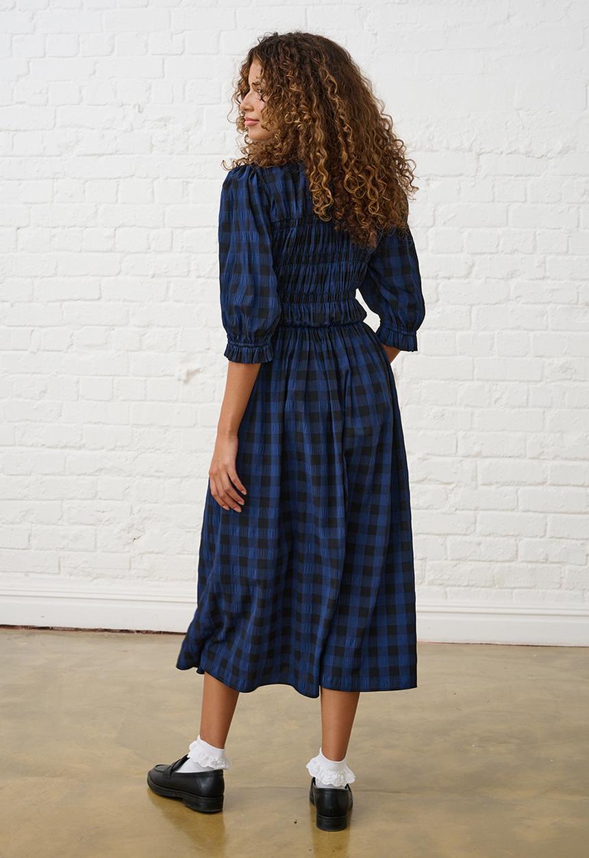Me&B - Gingham Shirred Midi Dress - Navy/Black