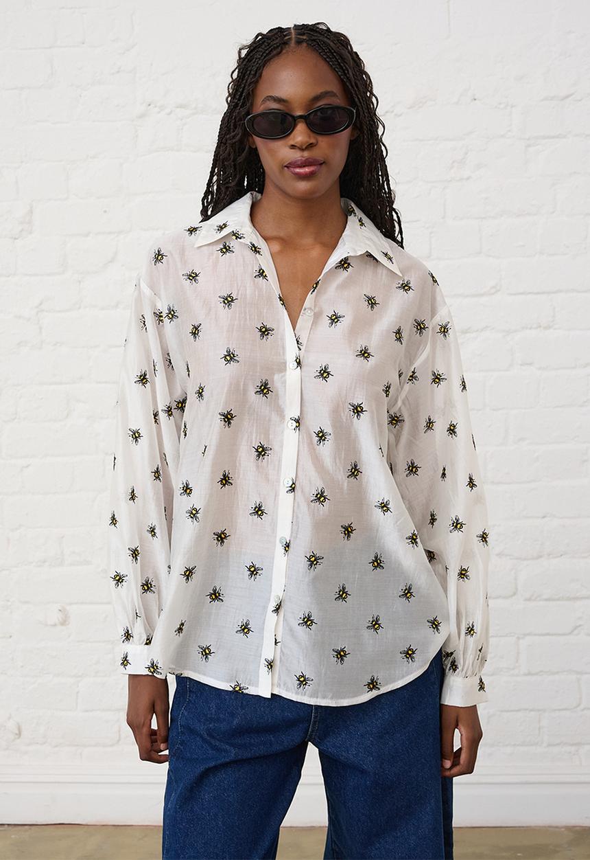 Me&B - Embroidered Bee Bellow Sleeve Shirt - Yellow