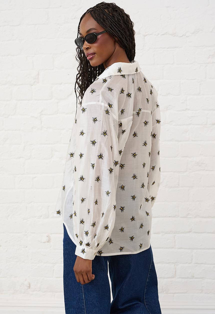 Me&B - Embroidered Bee Bellow Sleeve Shirt - Yellow