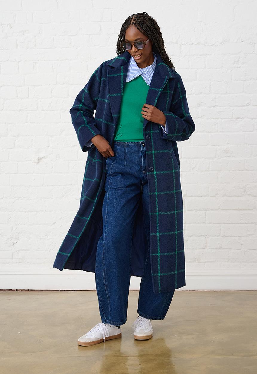 Me&B - Melton Coat Grid- Ink/Green