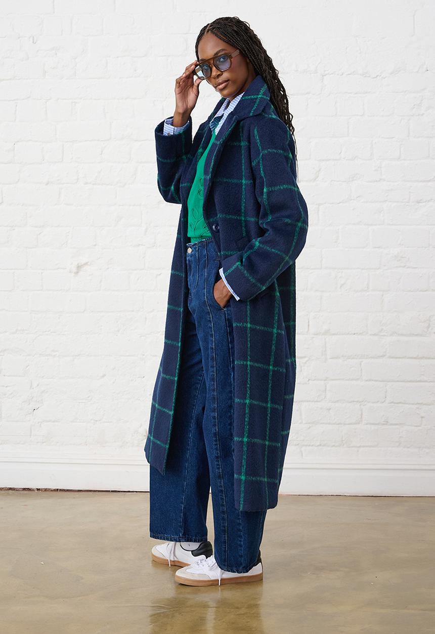 Me&B - Melton Coat Grid- Ink/Green