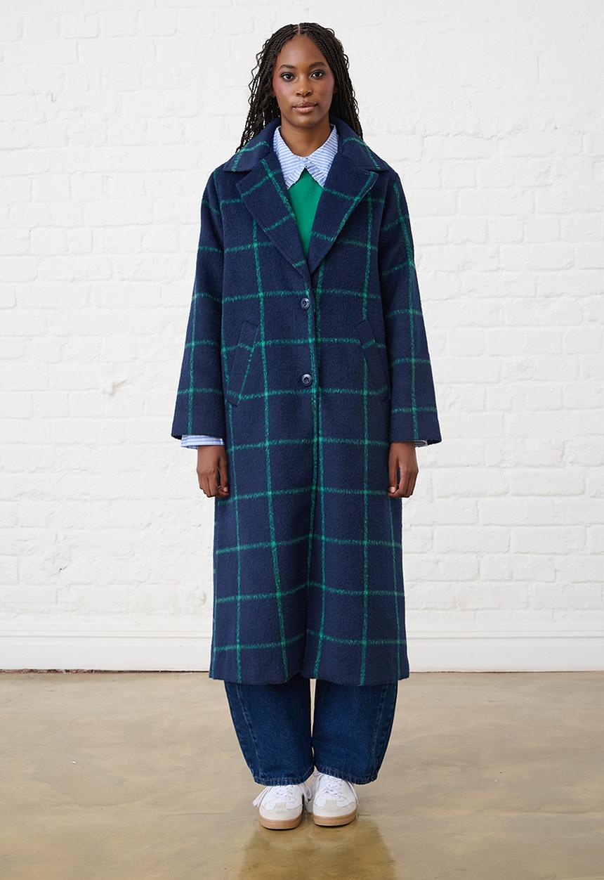Me&B - Melton Coat Grid- Ink/Green