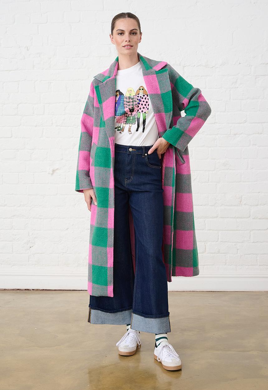 Me&B - Melton Coat Check - Pink/Green