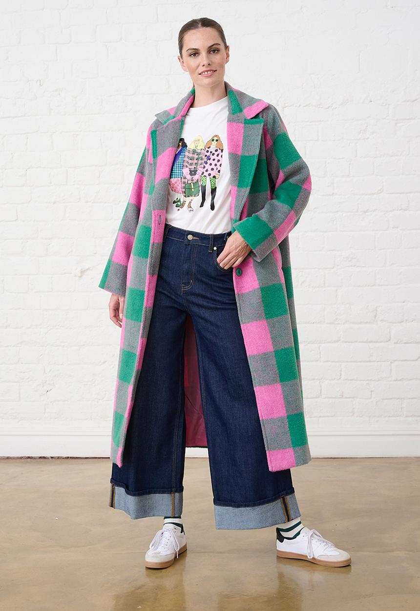Me&B - Melton Coat Check - Pink/Green