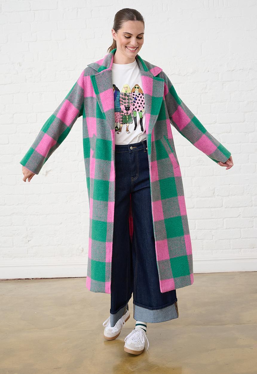 Me&B - Melton Coat Check - Pink/Green
