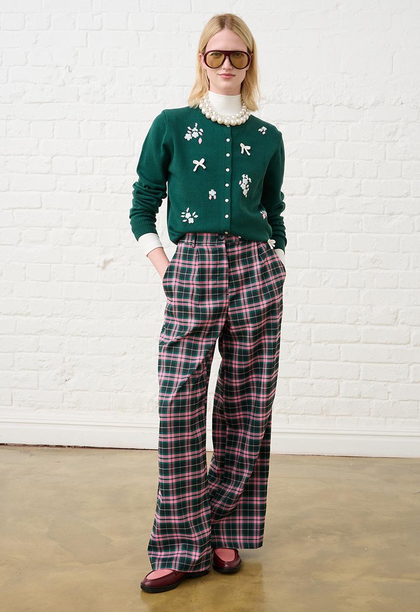 Me&B - Check Straight Leg Trousers - Pink/Green