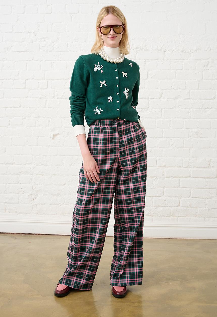 Me&B - Check Straight Leg Trousers - Pink/Green