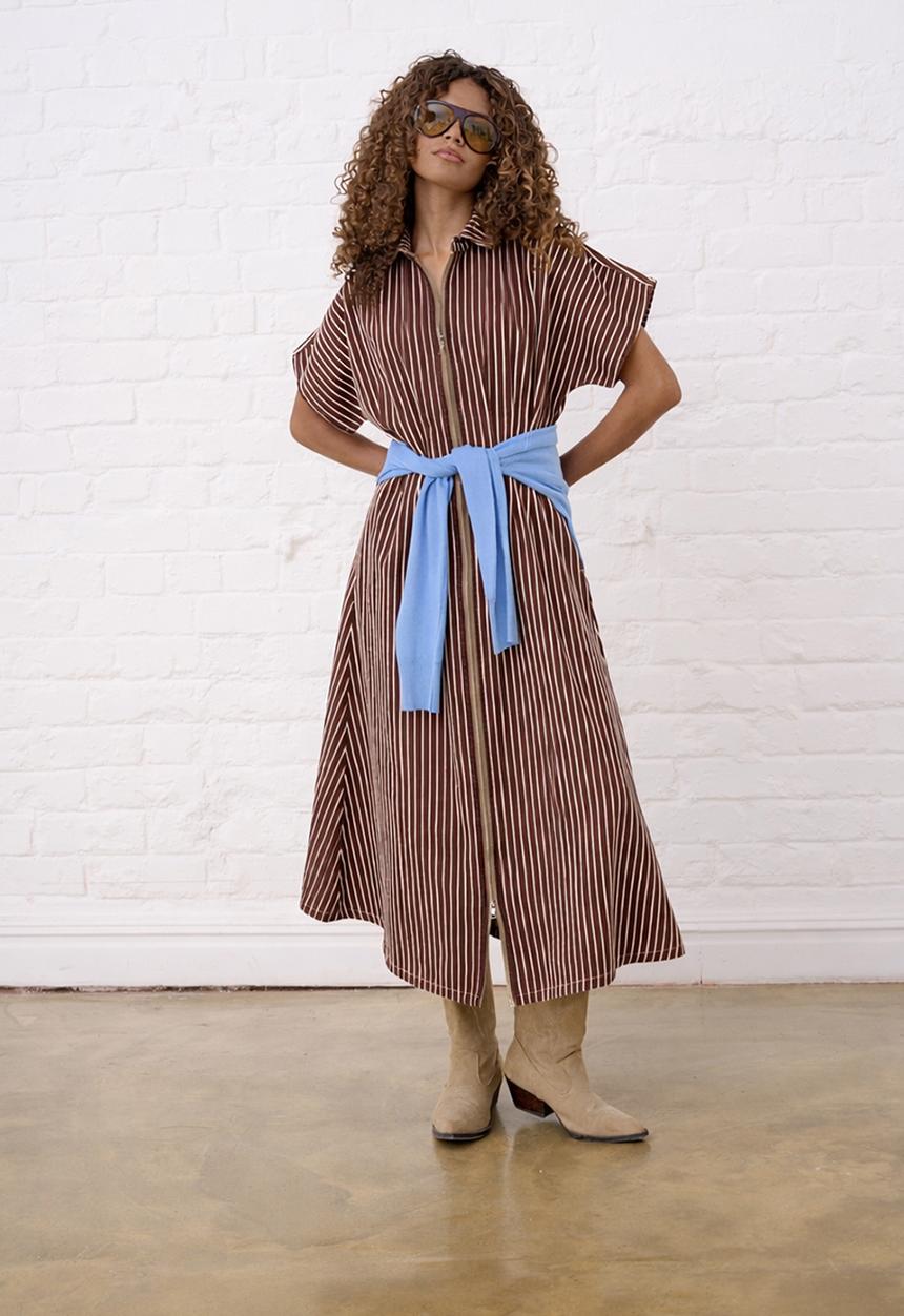 Me&B - Zip Front  Stripe Denim Shirt Dress - Choc