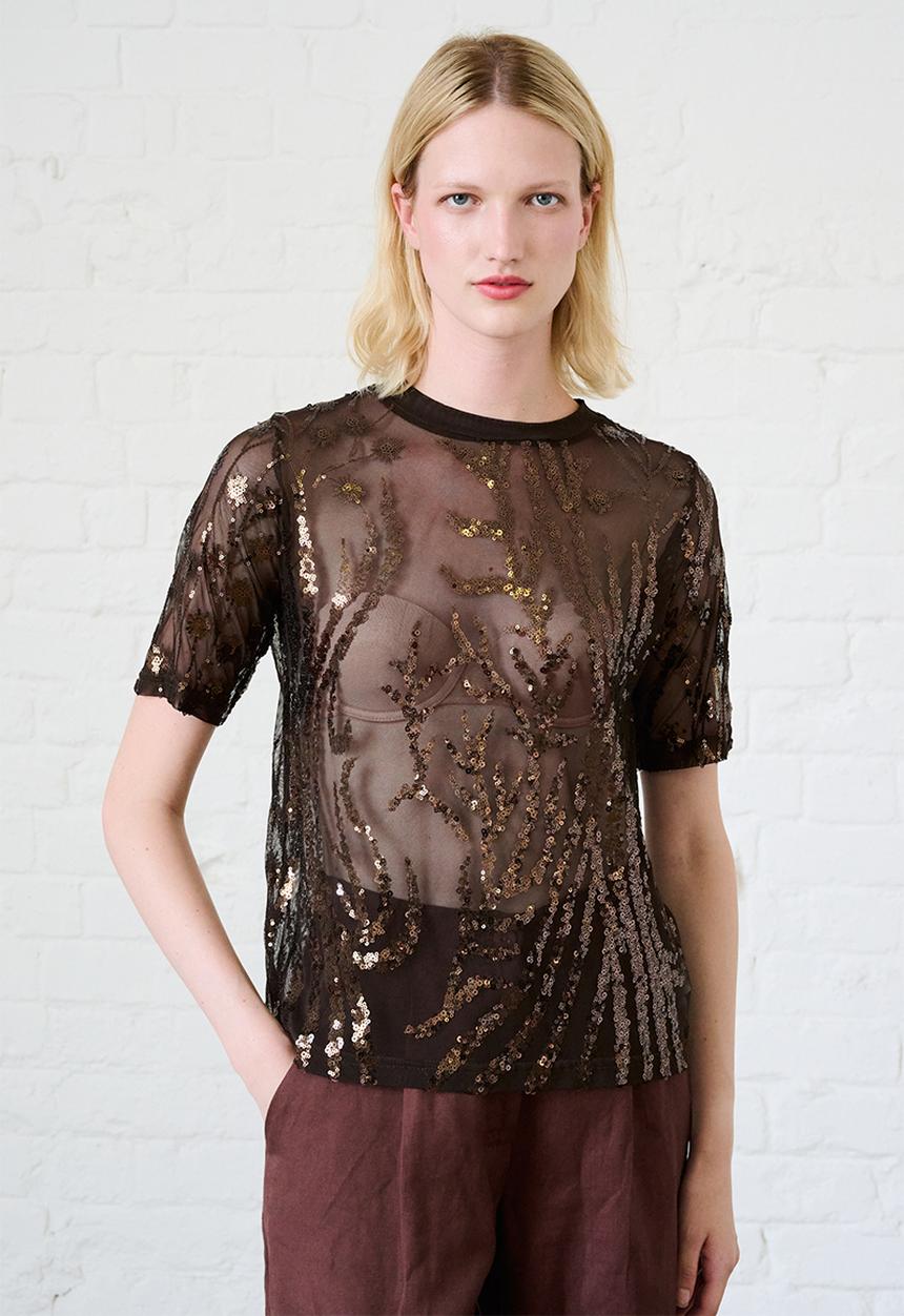Me&B - Mesh Sequin Top - Chocolate