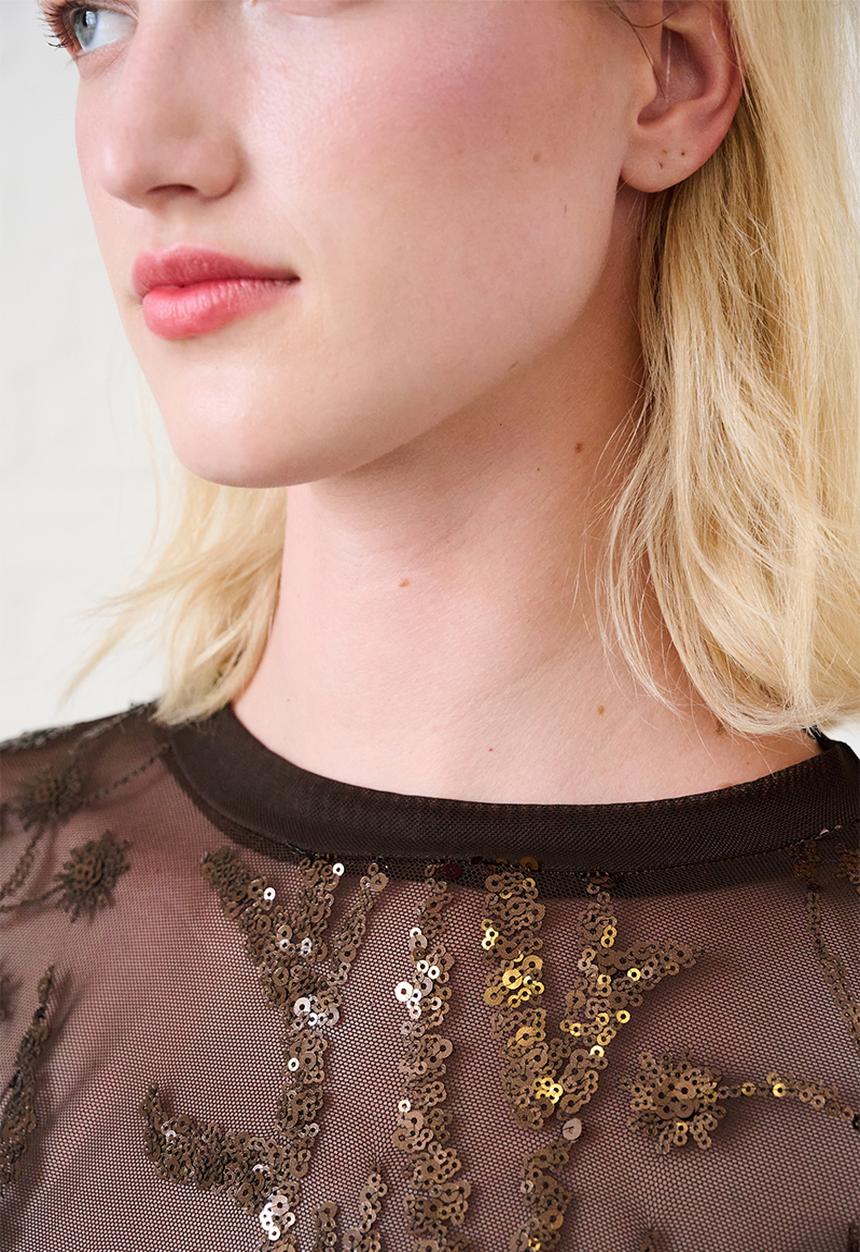 Me&B - Mesh Sequin Top - Chocolate
