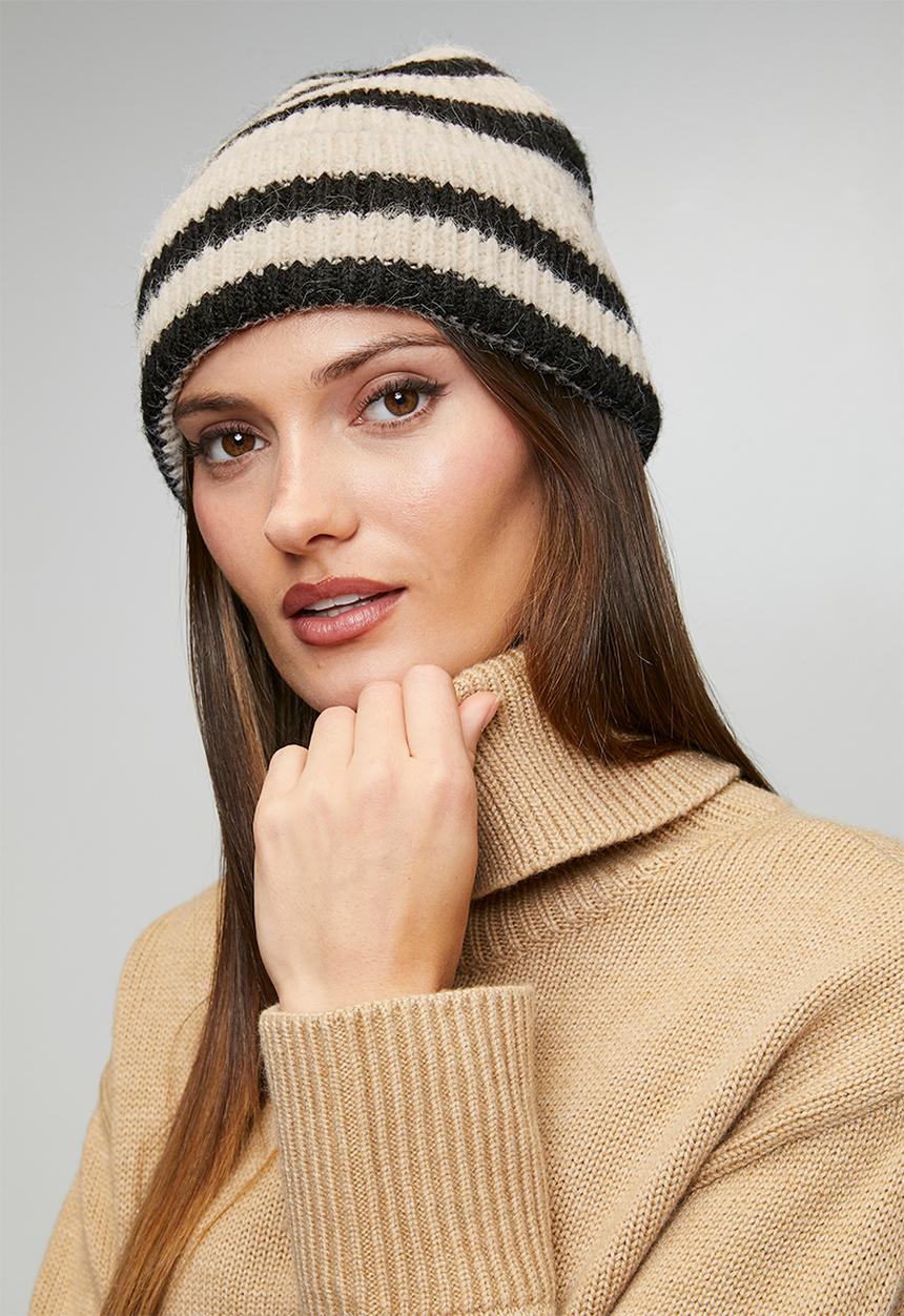 Tessa Design - Charlene Stripe Turn Up Beanie - Cream & black 