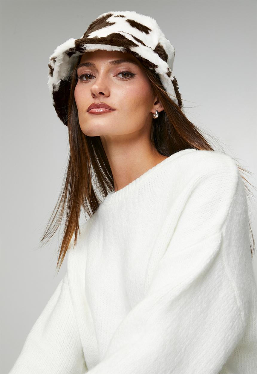 Tessa Design - Clover Cow Print Fluffy Bucket Hat - Brown