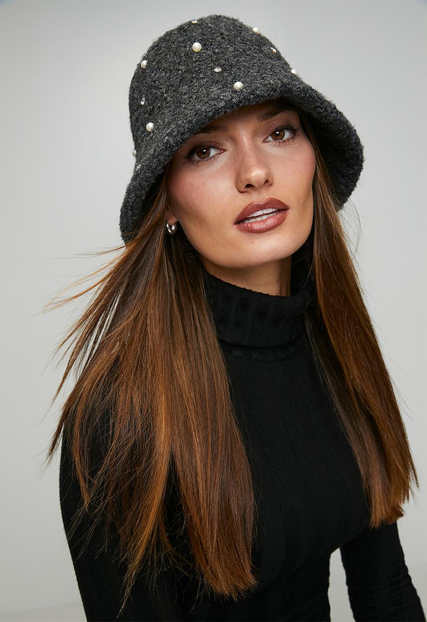 Tessa Design - Charmaine Pearl Diamante Fluffy Bucket Hat - Charcoal