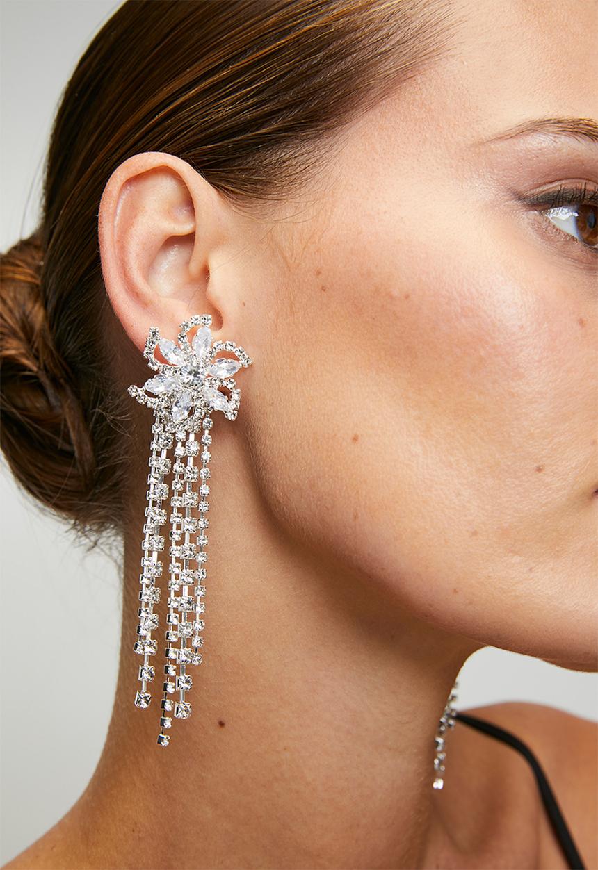 Tessa Design - Elowen Floral Diamante Chandlier Earrings - Silver
