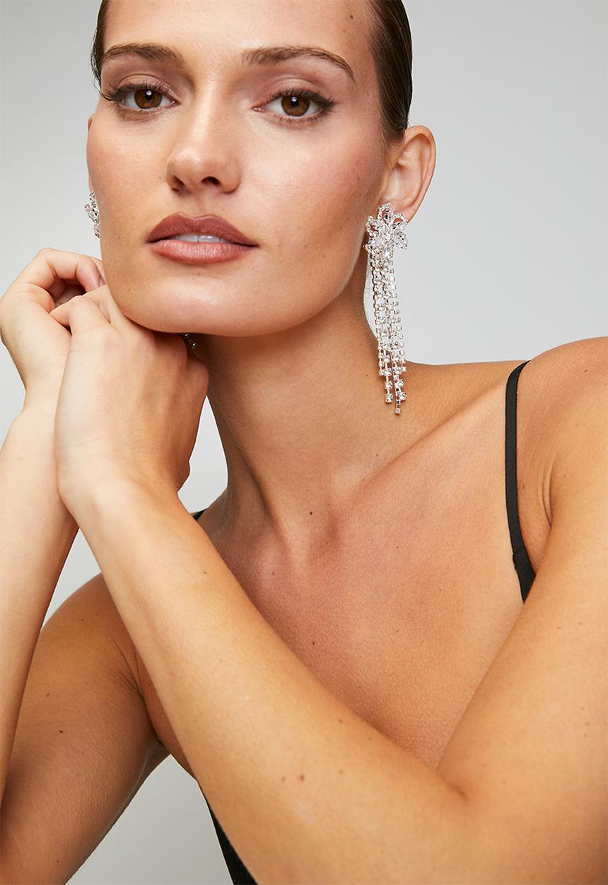 Tessa Design - Elowen Floral Diamante Chandlier Earrings - Silver