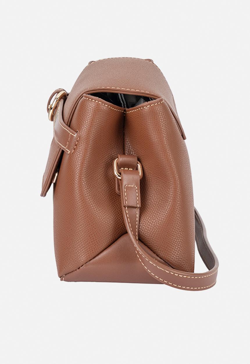 Elle - Belt Buckle Flapover Sling - Brown