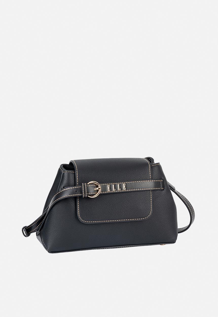 Elle - Belt Buckle Flapover Sling - Black