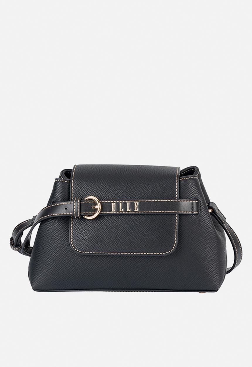 Elle - Belt Buckle Flapover Sling - Black