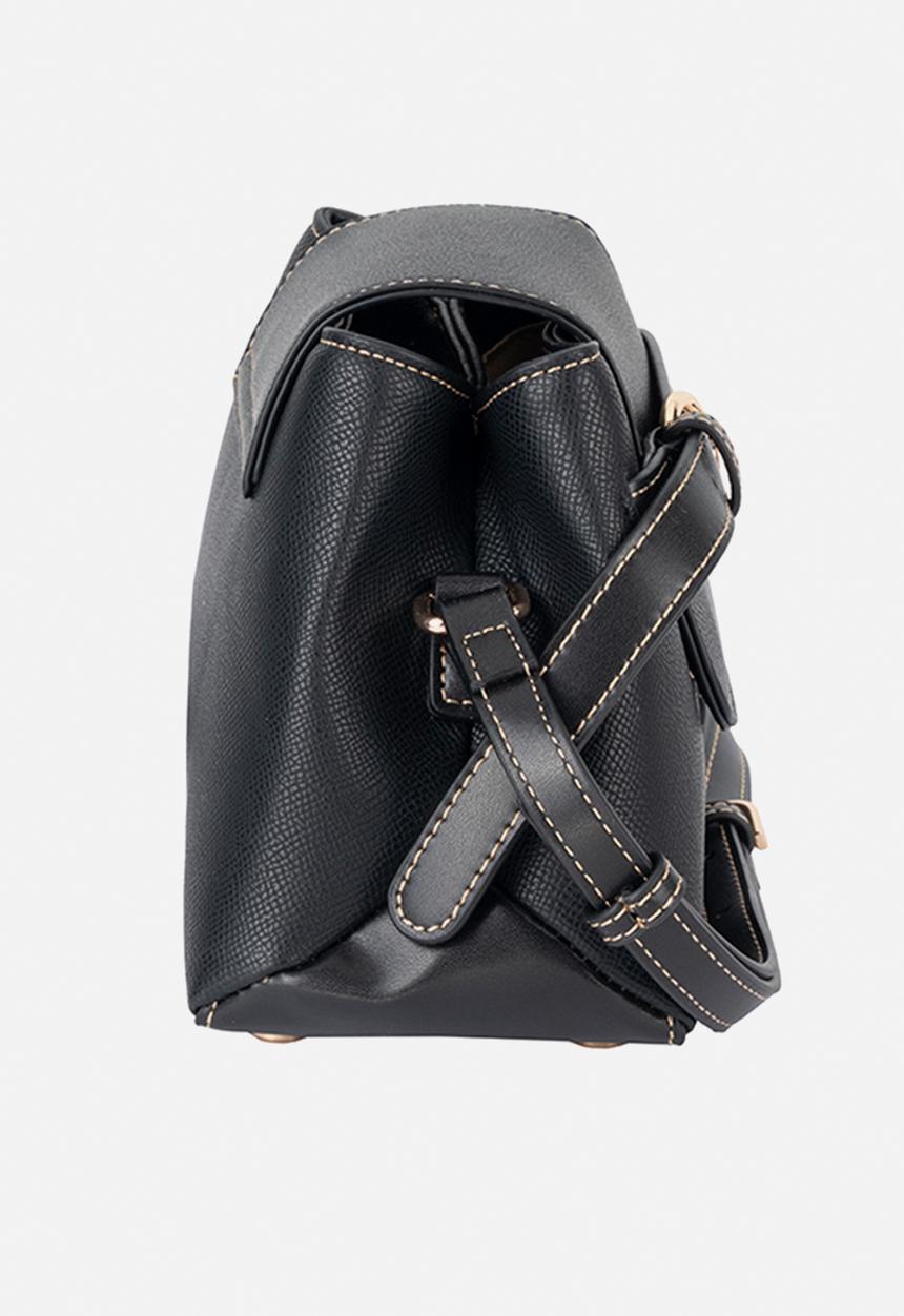Elle - Belt Buckle Flapover Sling - Black