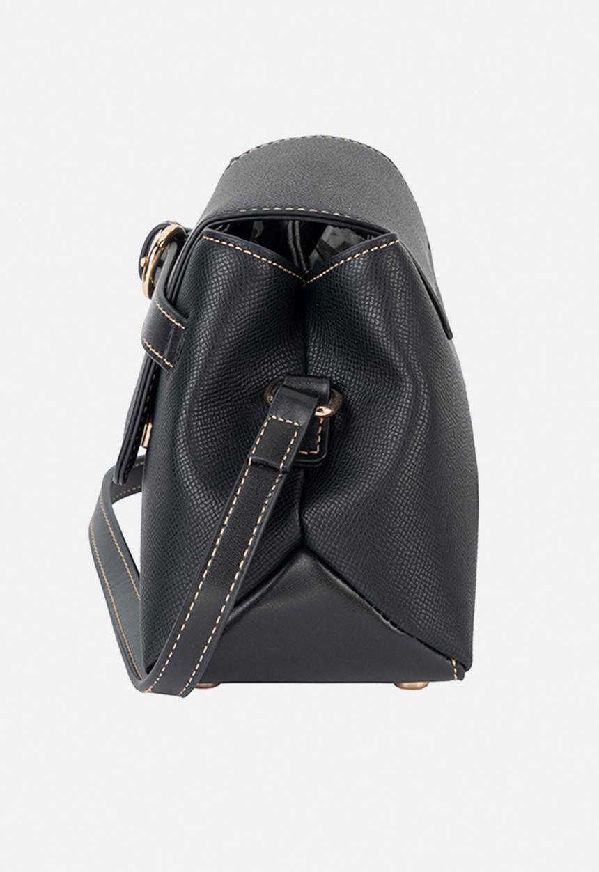 Elle - Belt Buckle Flapover Sling - Black